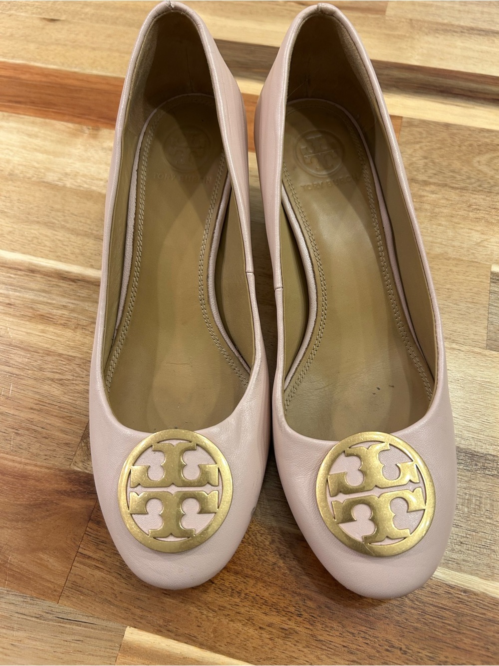 Tory Burch Light Pink Leather Ballet Pump with Gold Logo Medallion